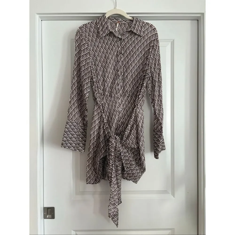 Free People Rillo Shirtdress Button Up Tie Long Sleeve Brown White Size Small